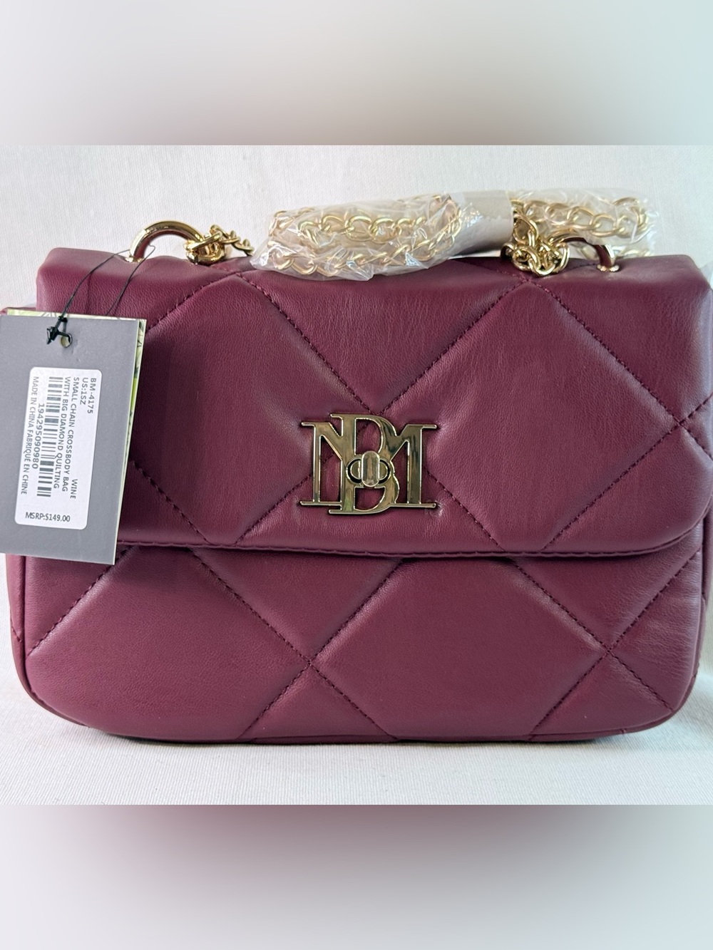 Badgley Mischka Quilted Wine Crossbody with Gold Chain